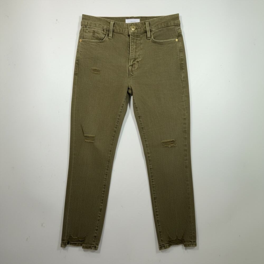 Frame Le High Jeans Straight Distressed Hem Mid Rise in Military Green Size 2